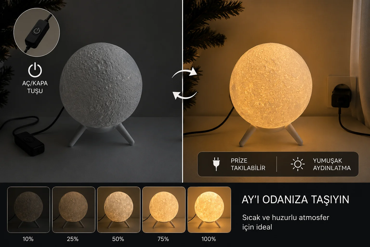 3D Ay Lambası | Dekoratif Masa ve Gece Lambası