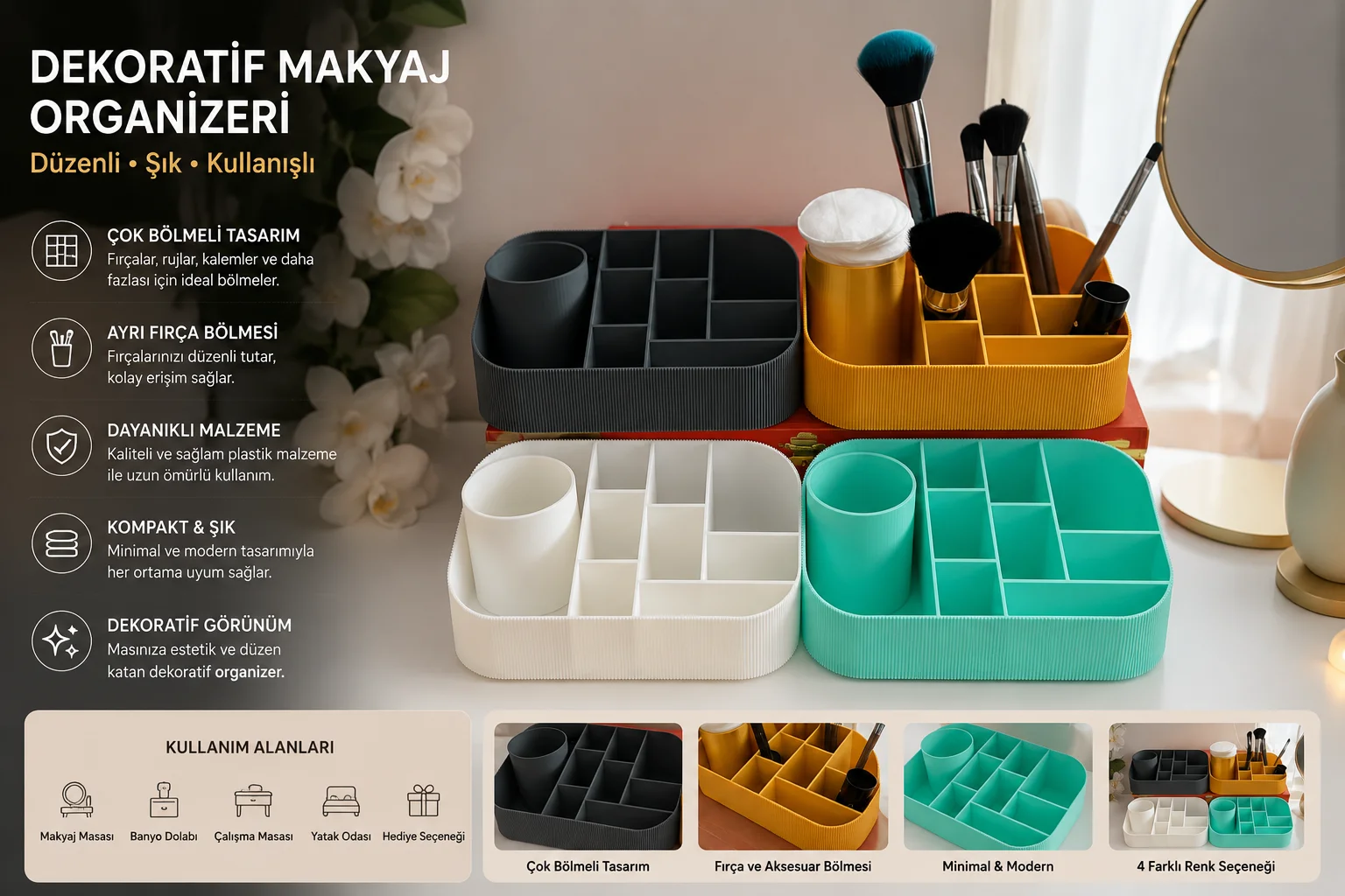 3d Dekoratif Makyaj Organizeri – Çok Bölmeli Masaüstü Kozmetik Düzenleyici